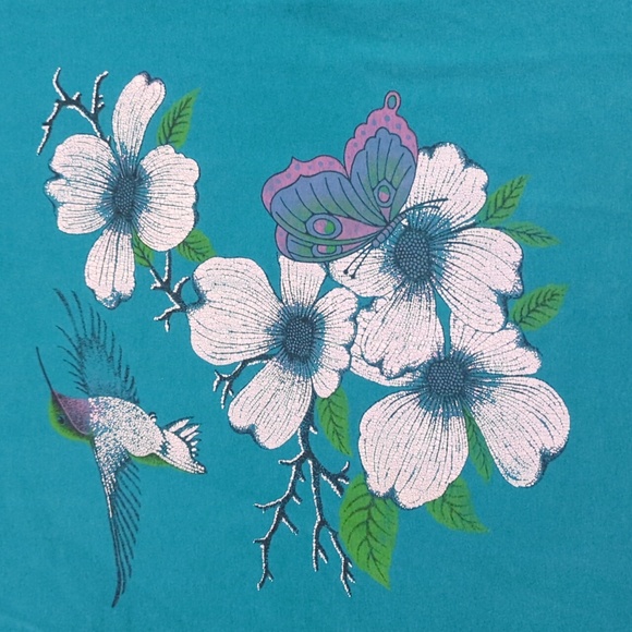 Teal Graphic T-Shirt with Hummingbird and Flowers - Picture 4 of 11